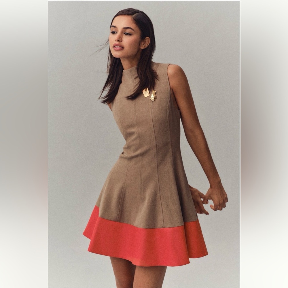 Anthropologie Preppy Retro Faux Leather Trim Mini Dress NWT M Fit and Flare